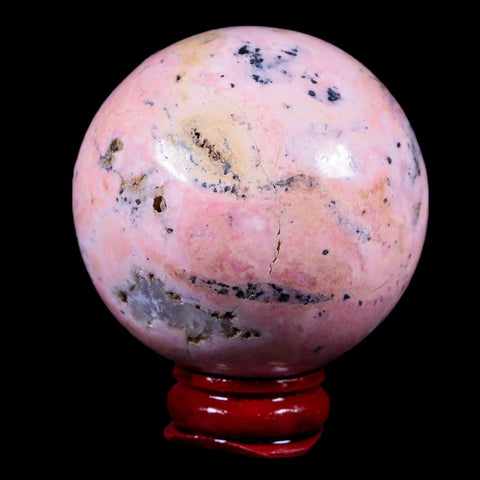 XL 52MM Natural Rhodonite Vug Mineral Crystal Sphere Ball Peru Rosewood Stand - Fossil Age Minerals