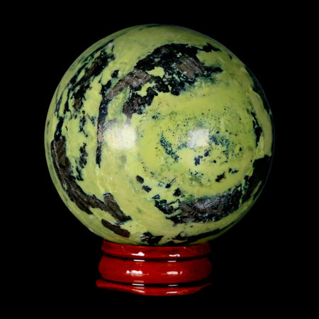 XL 59MM Natural Green & Yellow Serpentine Pyrite Sphere Ball Orb Peru Stand