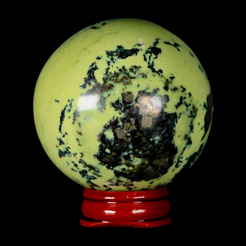 XL 59MM Natural Green & Yellow Serpentine Pyrite Sphere Ball Orb Peru Stand - Fossil Age Minerals