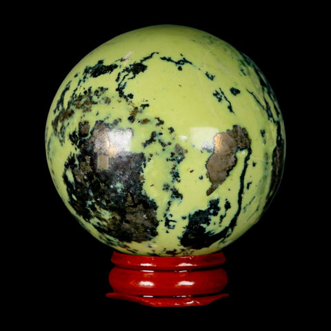 XL 59MM Natural Green & Yellow Serpentine Pyrite Sphere Ball Orb Peru Stand - Fossil Age Minerals