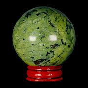 52MM Natural Green & Yellow Serpentine Pyrite Sphere Ball Orb Peru Stand