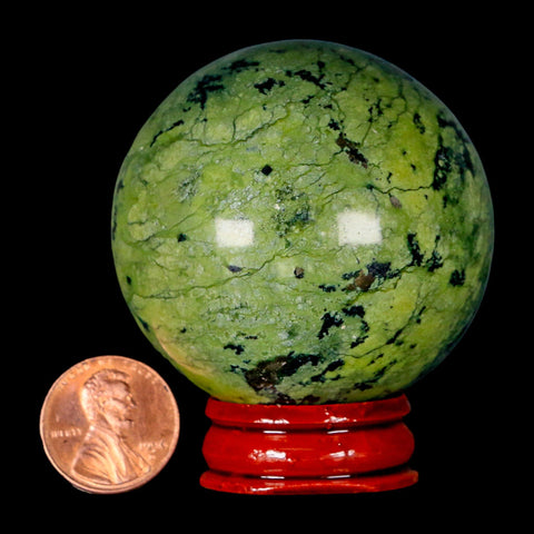 52MM Natural Green & Yellow Serpentine Pyrite Sphere Ball Orb Peru Stand - Fossil Age Minerals