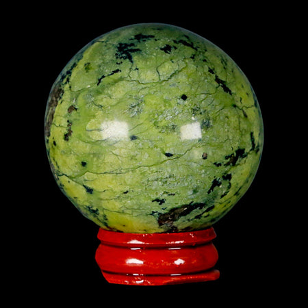 52MM Natural Green & Yellow Serpentine Pyrite Sphere Ball Orb Peru Stand