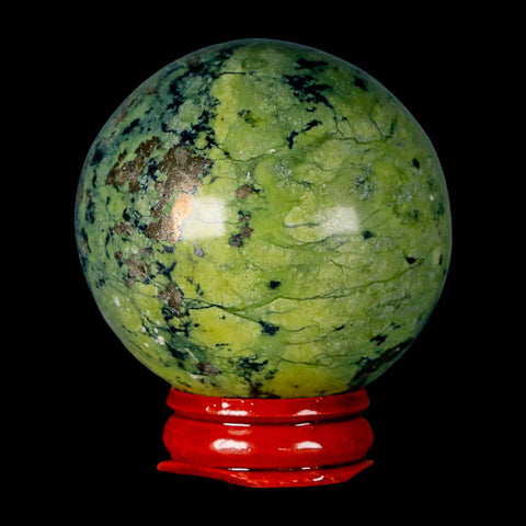 52MM Natural Green & Yellow Serpentine Pyrite Sphere Ball Orb Peru Stand - Fossil Age Minerals