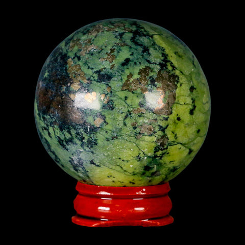 52MM Natural Green & Yellow Serpentine Pyrite Sphere Ball Orb Peru Stand - Fossil Age Minerals