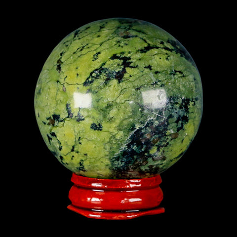 52MM Natural Green & Yellow Serpentine Pyrite Sphere Ball Orb Peru Stand - Fossil Age Minerals