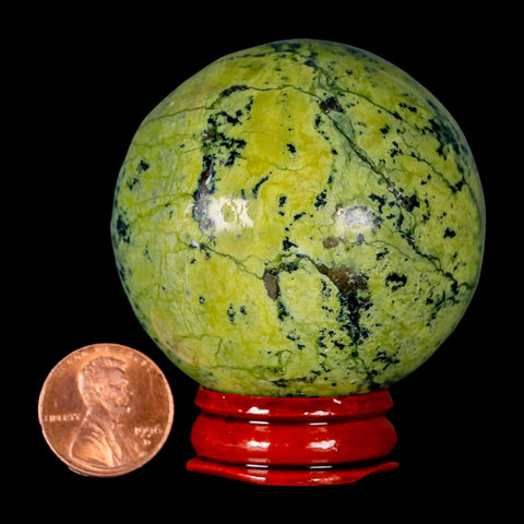 52MM Natural Green & Yellow Serpentine Pyrite Sphere Ball Orb Peru Stand - Fossil Age Minerals