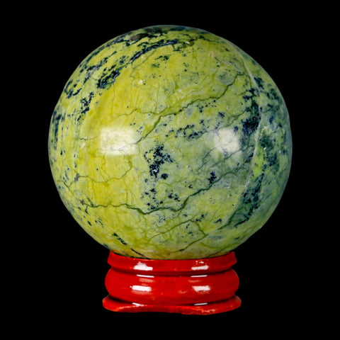 52MM Natural Green & Yellow Serpentine Pyrite Sphere Ball Orb Peru Stand - Fossil Age Minerals