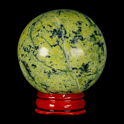 52MM Natural Green & Yellow Serpentine Pyrite Sphere Ball Orb Peru Stand - Fossil Age Minerals