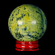 49MM Natural Green & Yellow Serpentine Pyrite Sphere Ball Orb Peru Stand