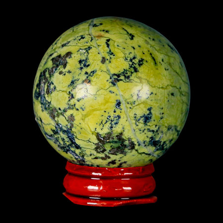 49MM Natural Green & Yellow Serpentine Pyrite Sphere Ball Orb Peru Stand