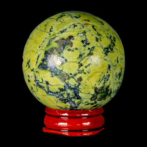 49MM Natural Green & Yellow Serpentine Pyrite Sphere Ball Orb Peru Stand - Fossil Age Minerals