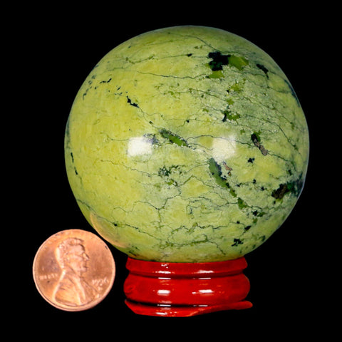 XL 56MM Natural Green & Yellow Serpentine Pyrite Sphere Ball Orb Peru Stand - Fossil Age Minerals