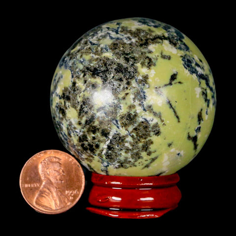 49MM Natural Green & Yellow Serpentine Pyrite Sphere Ball Orb Peru Stand - Fossil Age Minerals