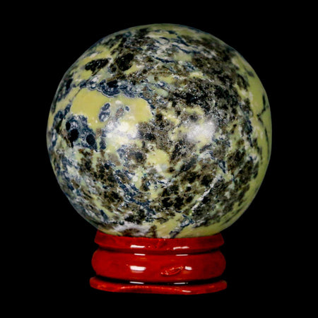 49MM Natural Green & Yellow Serpentine Pyrite Sphere Ball Orb Peru Stand