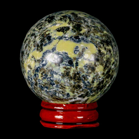 49MM Natural Green & Yellow Serpentine Pyrite Sphere Ball Orb Peru Stand - Fossil Age Minerals