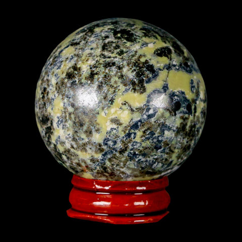 49MM Natural Green & Yellow Serpentine Pyrite Sphere Ball Orb Peru Stand - Fossil Age Minerals