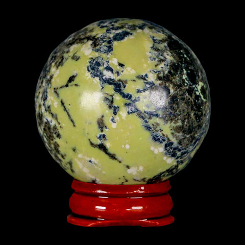 49MM Natural Green & Yellow Serpentine Pyrite Sphere Ball Orb Peru Stand - Fossil Age Minerals