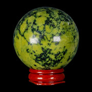 53MM Natural Green & Yellow Serpentine Pyrite Sphere Ball Orb Peru Stand