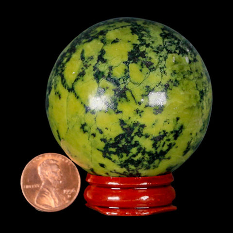 53MM Natural Green & Yellow Serpentine Pyrite Sphere Ball Orb Peru Stand - Fossil Age Minerals