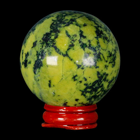 53MM Natural Green & Yellow Serpentine Pyrite Sphere Ball Orb Peru Stand