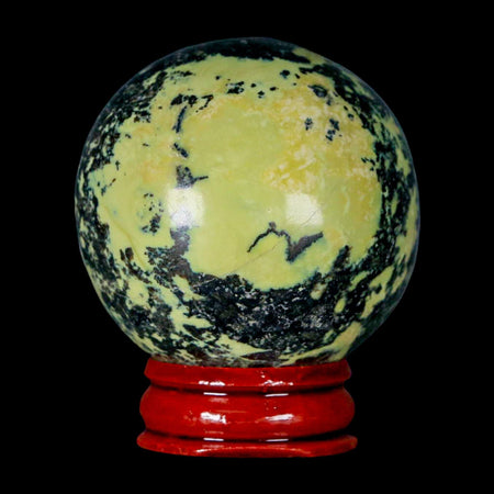 47MM Natural Green & Yellow Serpentine Pyrite Sphere Ball Orb Peru Stand