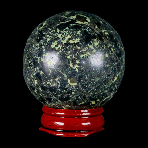 47MM Natural Green & Yellow Serpentine Pyrite Sphere Ball Orb Peru Stand - Fossil Age Minerals