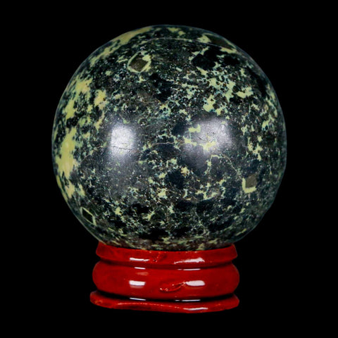 47MM Natural Green & Yellow Serpentine Pyrite Sphere Ball Orb Peru Stand - Fossil Age Minerals