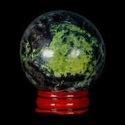 47MM Natural Green & Yellow Serpentine Pyrite Sphere Ball Orb Peru Stand