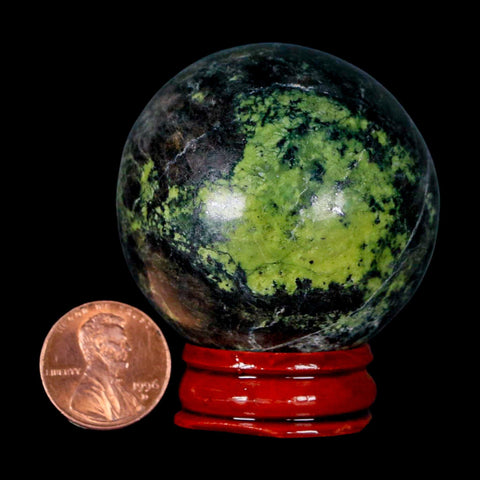 47MM Natural Green & Yellow Serpentine Pyrite Sphere Ball Orb Peru Stand - Fossil Age Minerals