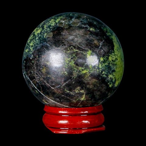 47MM Natural Green & Yellow Serpentine Pyrite Sphere Ball Orb Peru Stand - Fossil Age Minerals