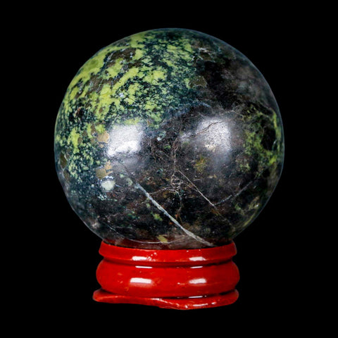 47MM Natural Green & Yellow Serpentine Pyrite Sphere Ball Orb Peru Stand - Fossil Age Minerals