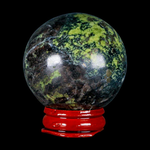 47MM Natural Green & Yellow Serpentine Pyrite Sphere Ball Orb Peru Stand - Fossil Age Minerals