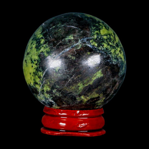 47MM Natural Green & Yellow Serpentine Pyrite Sphere Ball Orb Peru Stand - Fossil Age Minerals