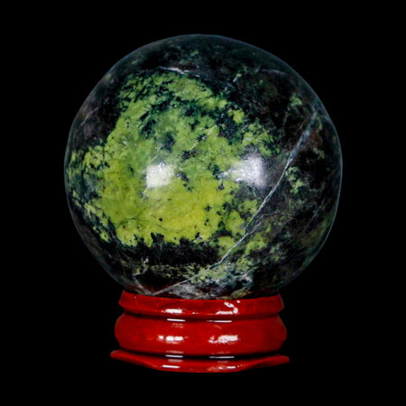 47MM Natural Green & Yellow Serpentine Pyrite Sphere Ball Orb Peru Stand