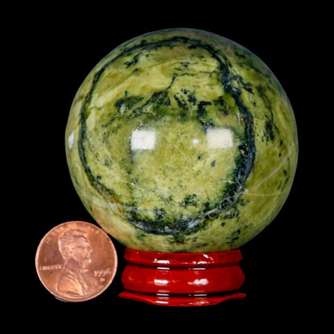 XL 54MM Natural Green & Yellow Serpentine Pyrite Sphere Ball Orb Peru Stand - Fossil Age Minerals