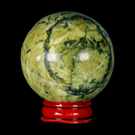 XL 54MM Natural Green & Yellow Serpentine Pyrite Sphere Ball Orb Peru Stand