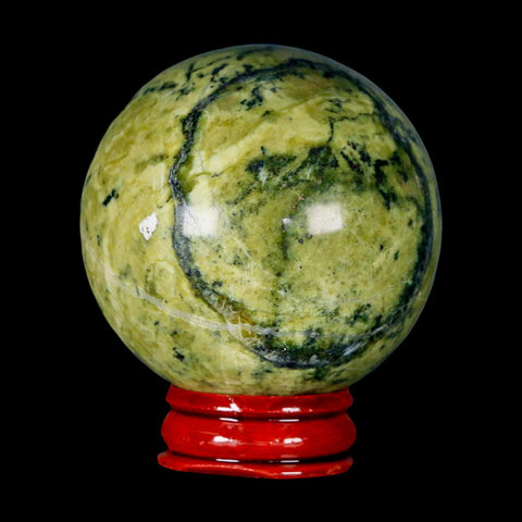 XL 54MM Natural Green & Yellow Serpentine Pyrite Sphere Ball Orb Peru Stand - Fossil Age Minerals