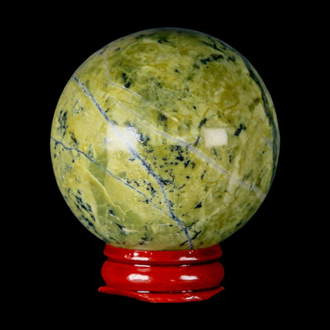 XL 54MM Natural Green & Yellow Serpentine Pyrite Sphere Ball Orb Peru Stand - Fossil Age Minerals