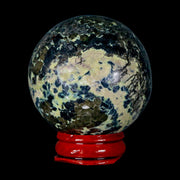 51MM Natural Green & Yellow Serpentine Pyrite Sphere Ball Orb Peru Stand