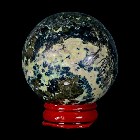 51MM Natural Green & Yellow Serpentine Pyrite Sphere Ball Orb Peru Stand - Fossil Age Minerals