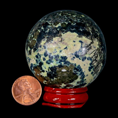 51MM Natural Green & Yellow Serpentine Pyrite Sphere Ball Orb Peru Stand - Fossil Age Minerals