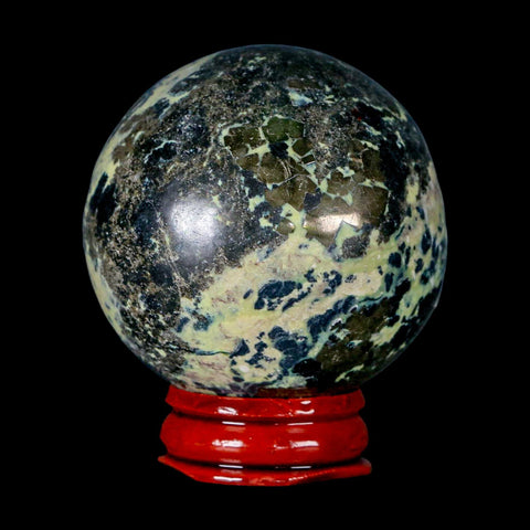 51MM Natural Green & Yellow Serpentine Pyrite Sphere Ball Orb Peru Stand - Fossil Age Minerals