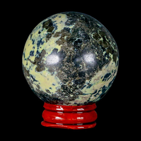 51MM Natural Green & Yellow Serpentine Pyrite Sphere Ball Orb Peru Stand - Fossil Age Minerals