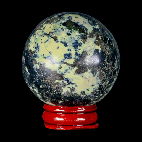 51MM Natural Green & Yellow Serpentine Pyrite Sphere Ball Orb Peru Stand - Fossil Age Minerals