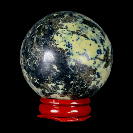 51MM Natural Green & Yellow Serpentine Pyrite Sphere Ball Orb Peru Stand