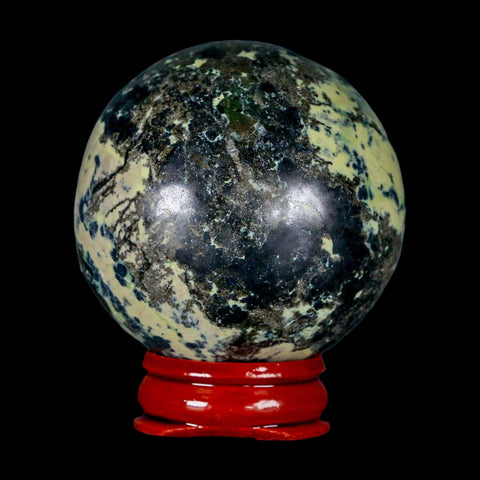 51MM Natural Green & Yellow Serpentine Pyrite Sphere Ball Orb Peru Stand - Fossil Age Minerals