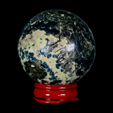 51MM Natural Green & Yellow Serpentine Pyrite Sphere Ball Orb Peru Stand - Fossil Age Minerals