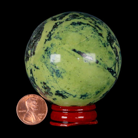 XL 59MM Natural Green & Yellow Serpentine Pyrite Sphere Ball Orb Peru Stand - Fossil Age Minerals