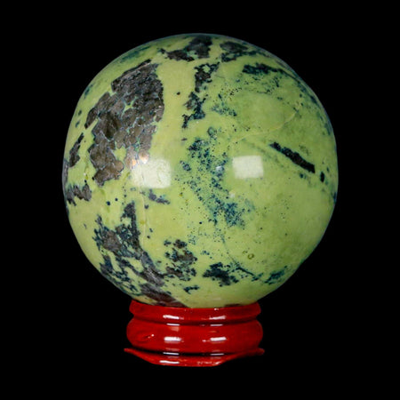 XL 59MM Natural Green & Yellow Serpentine Pyrite Sphere Ball Orb Peru Stand